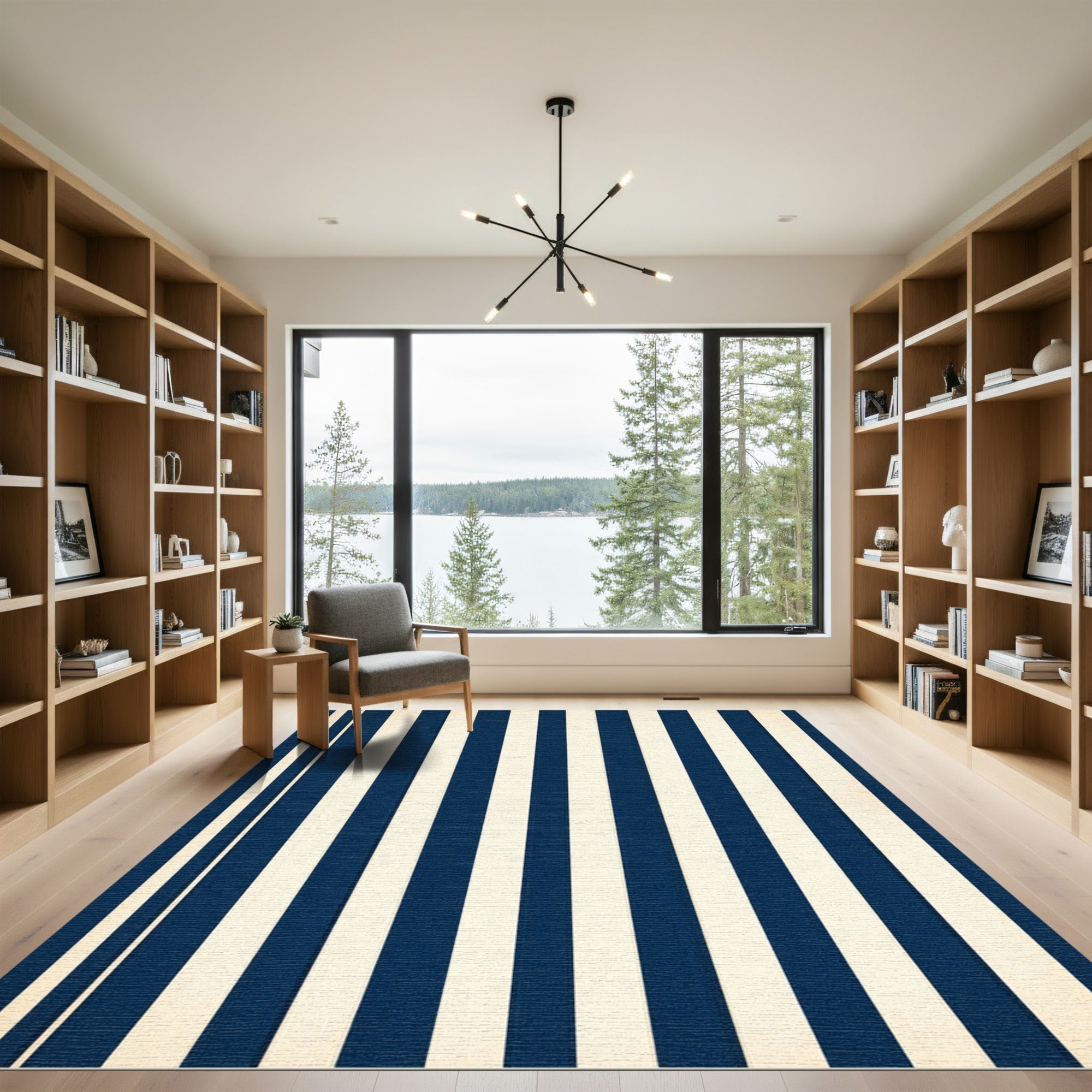 Navy and Cream Vertical Striped Rug
