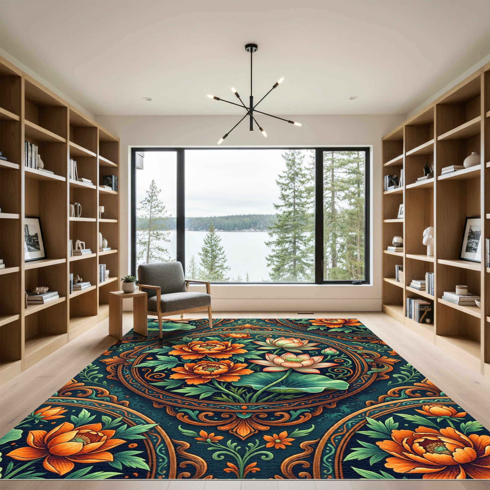 Orange Peony Lotus Medallion Floral Rug