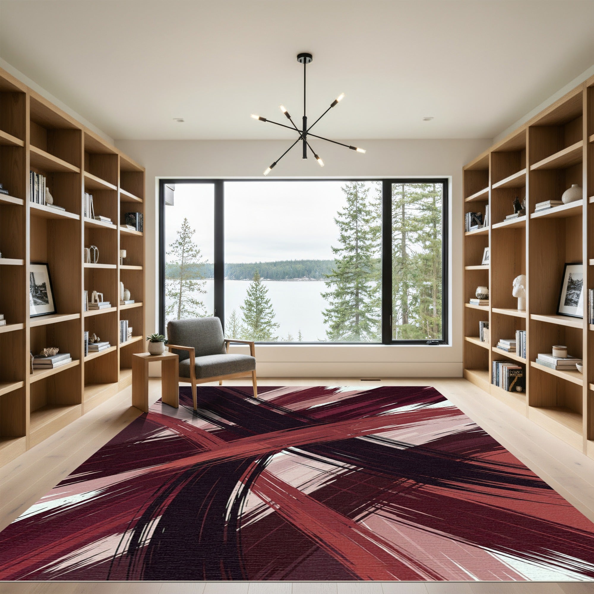Modern Burgundy and Black Abstract Stroke Rug
