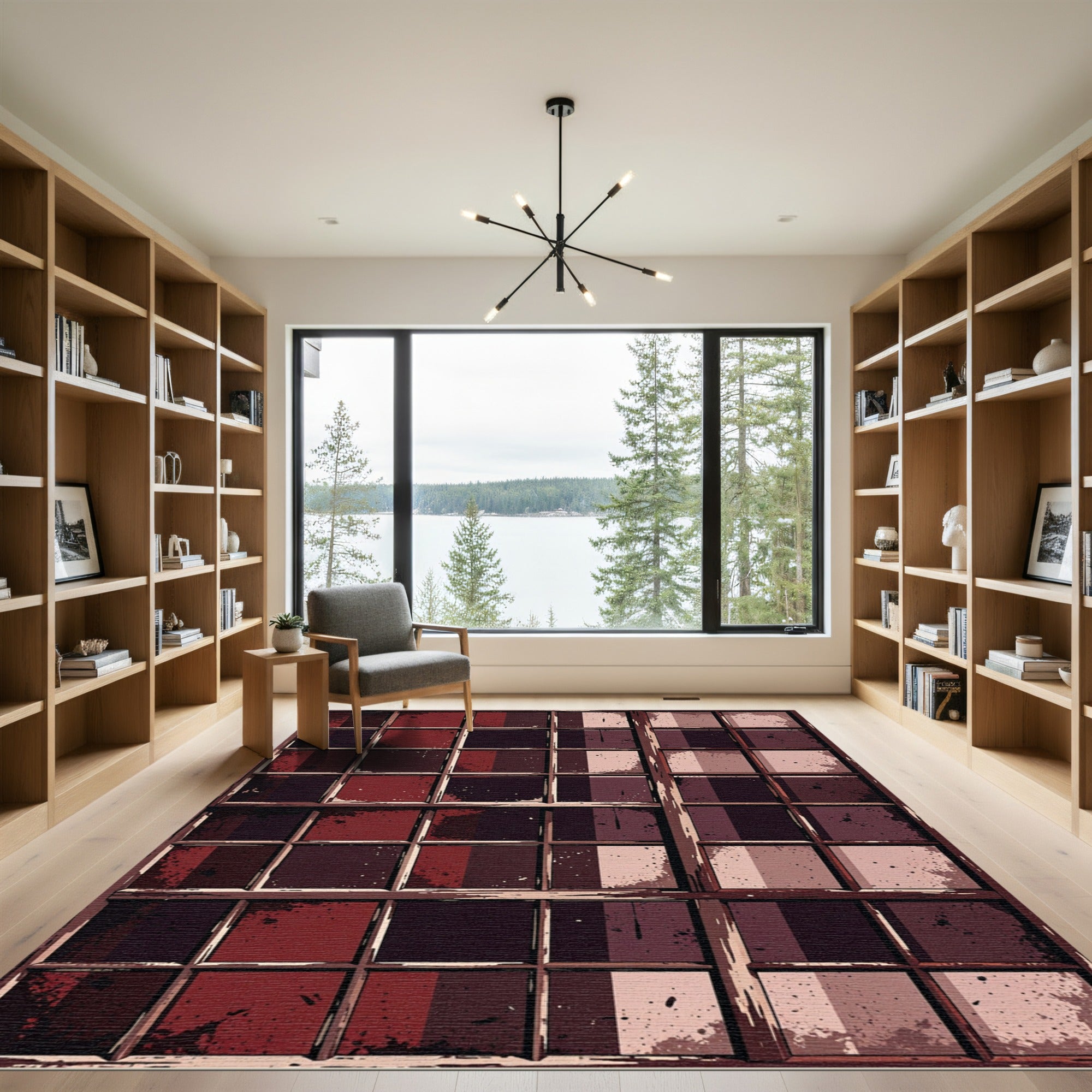 Dark Burgundy Grid Windowpane Abstract Rug