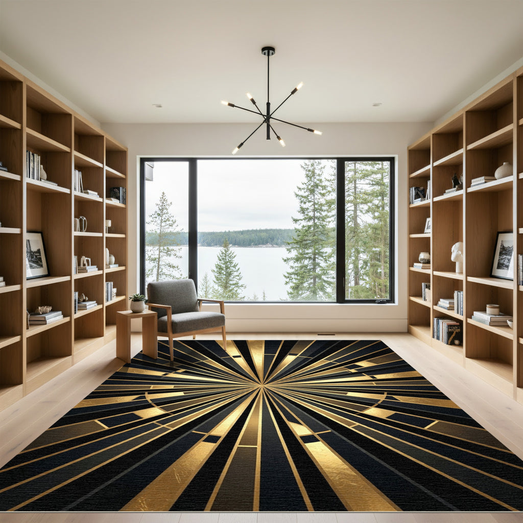 Golden Art Deco Sunburst Geometric Rug