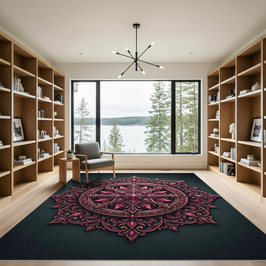 Ornate Magenta Filigree Lotus Medallion Rug