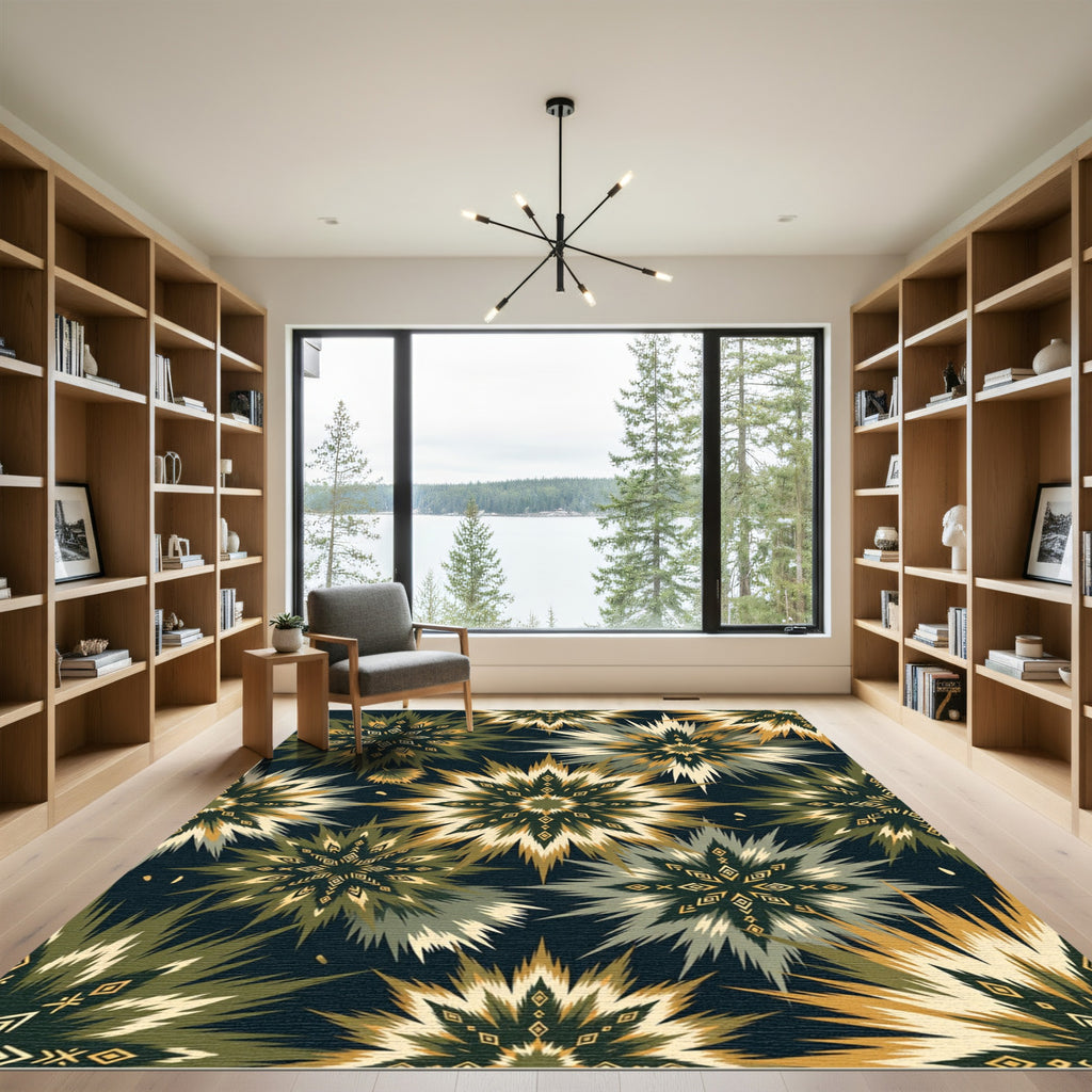 Geometric Olive and Gold Starburst Rug