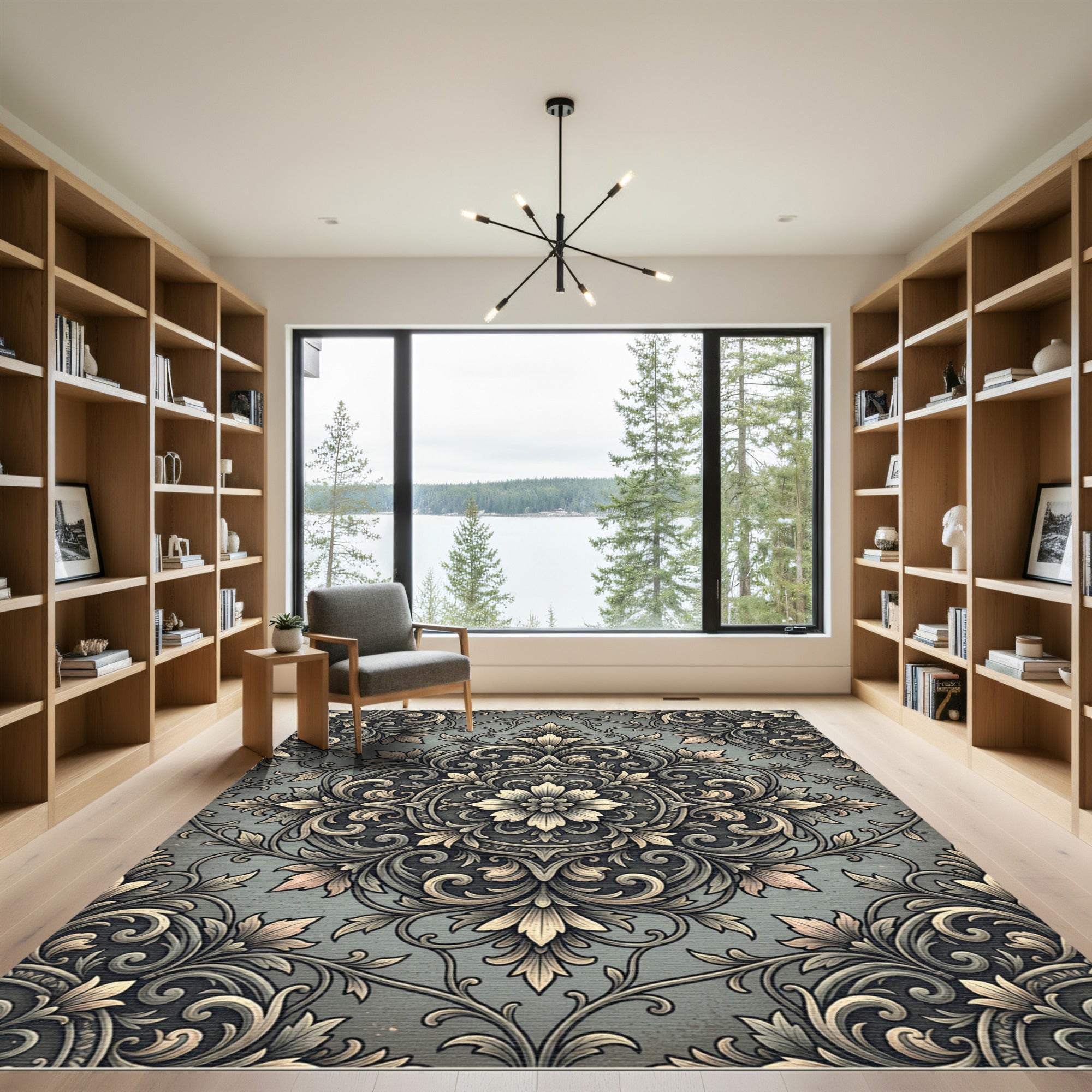 Elegant Gray Damask Scroll Floral Medallion Rug