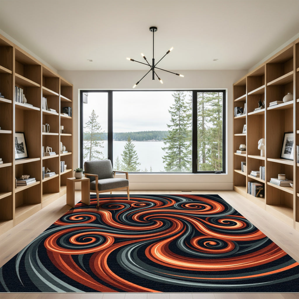 Abstract Copper and Obsidian Swirl Rug
