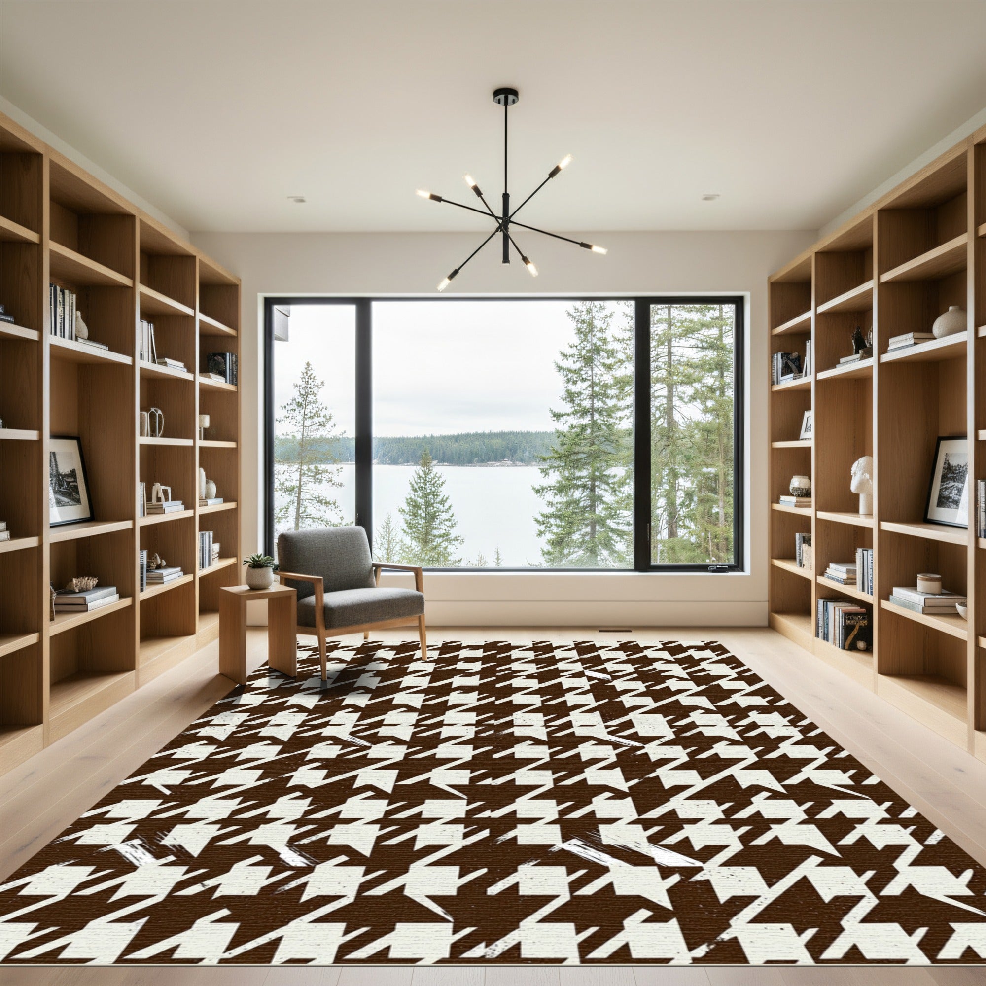 Brown Cream Houndstooth Geometric Rug