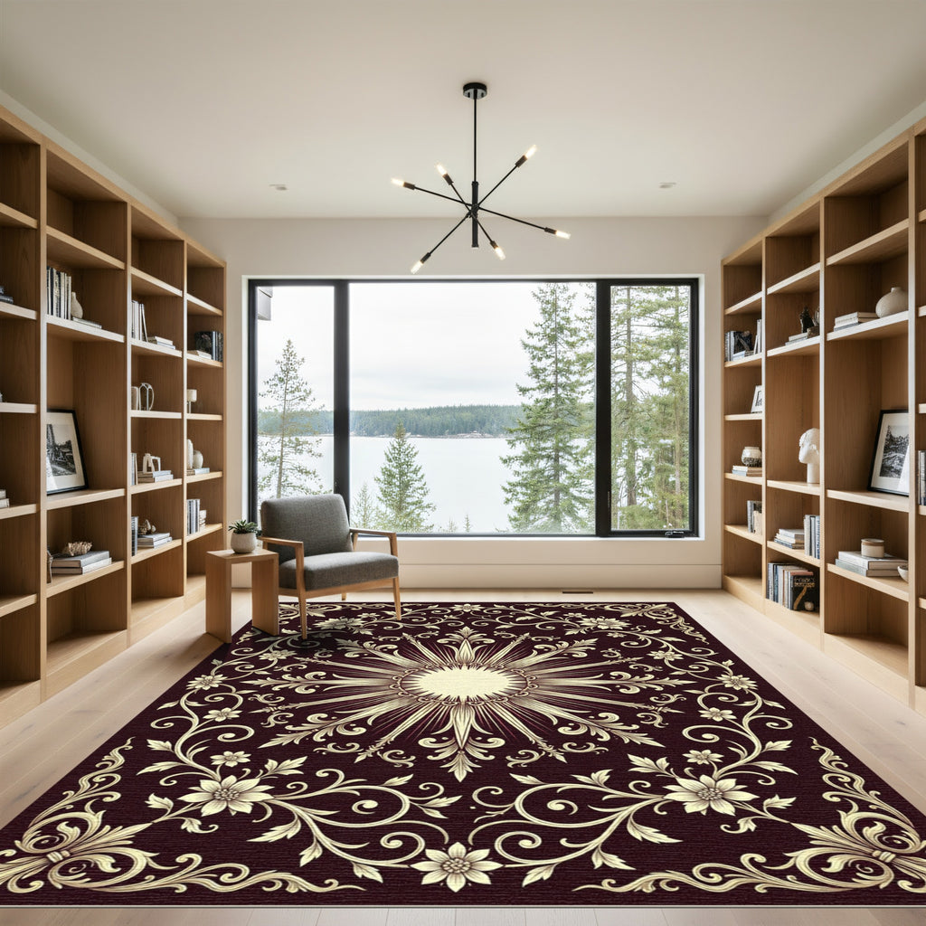 Ornate Ivory Floral Sunburst Medallion Rug