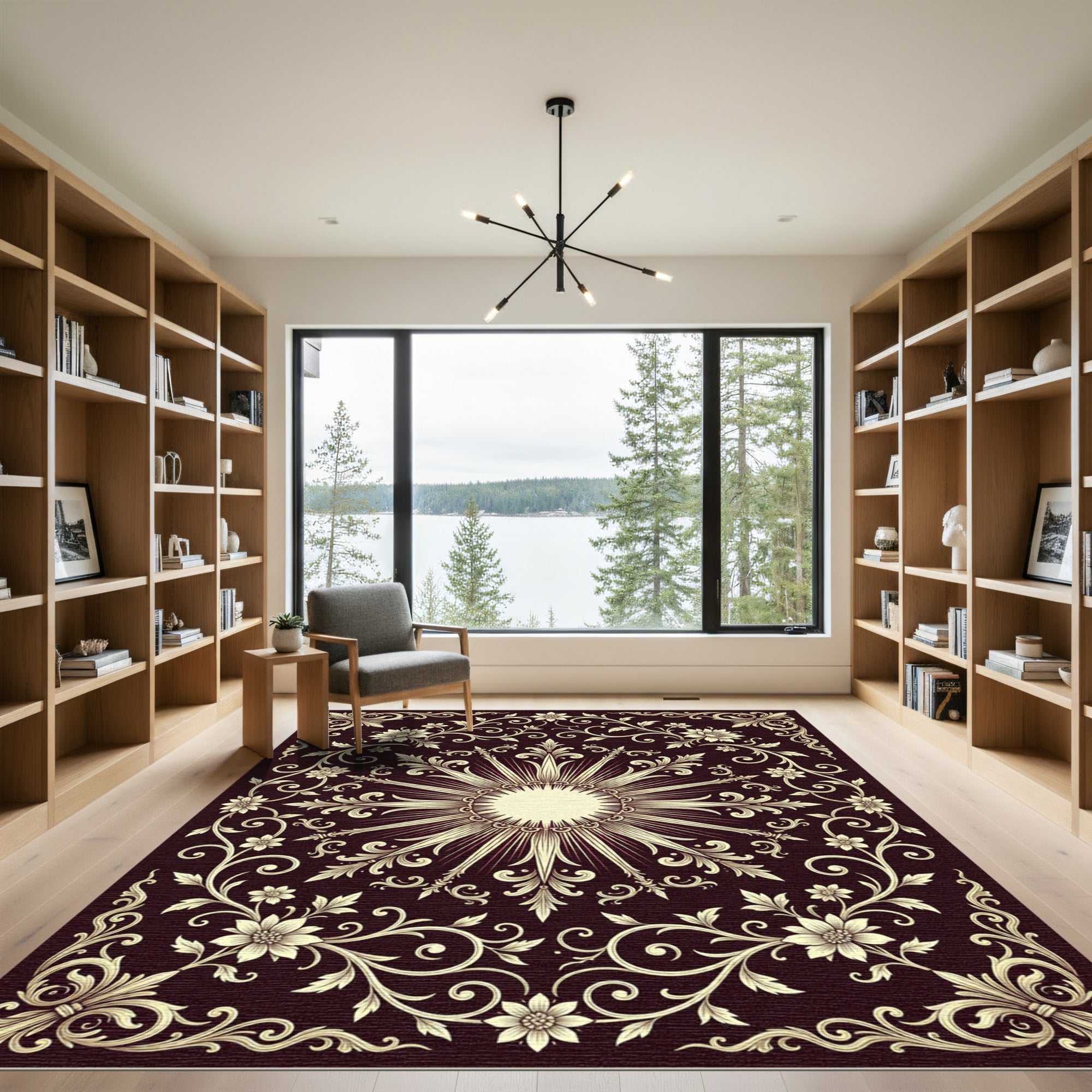 Ornate Ivory Floral Sunburst Medallion Rug