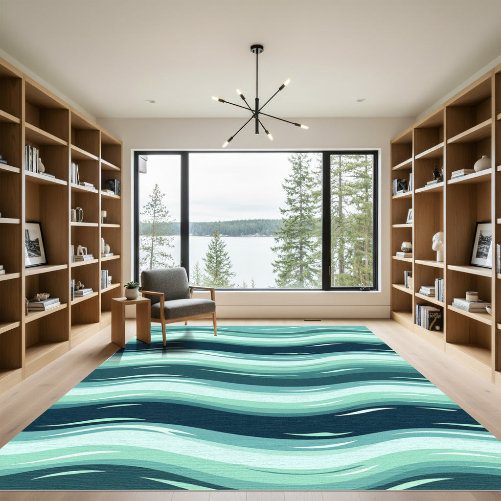 Coastal Teal Abstract Wavy Aqua Rug