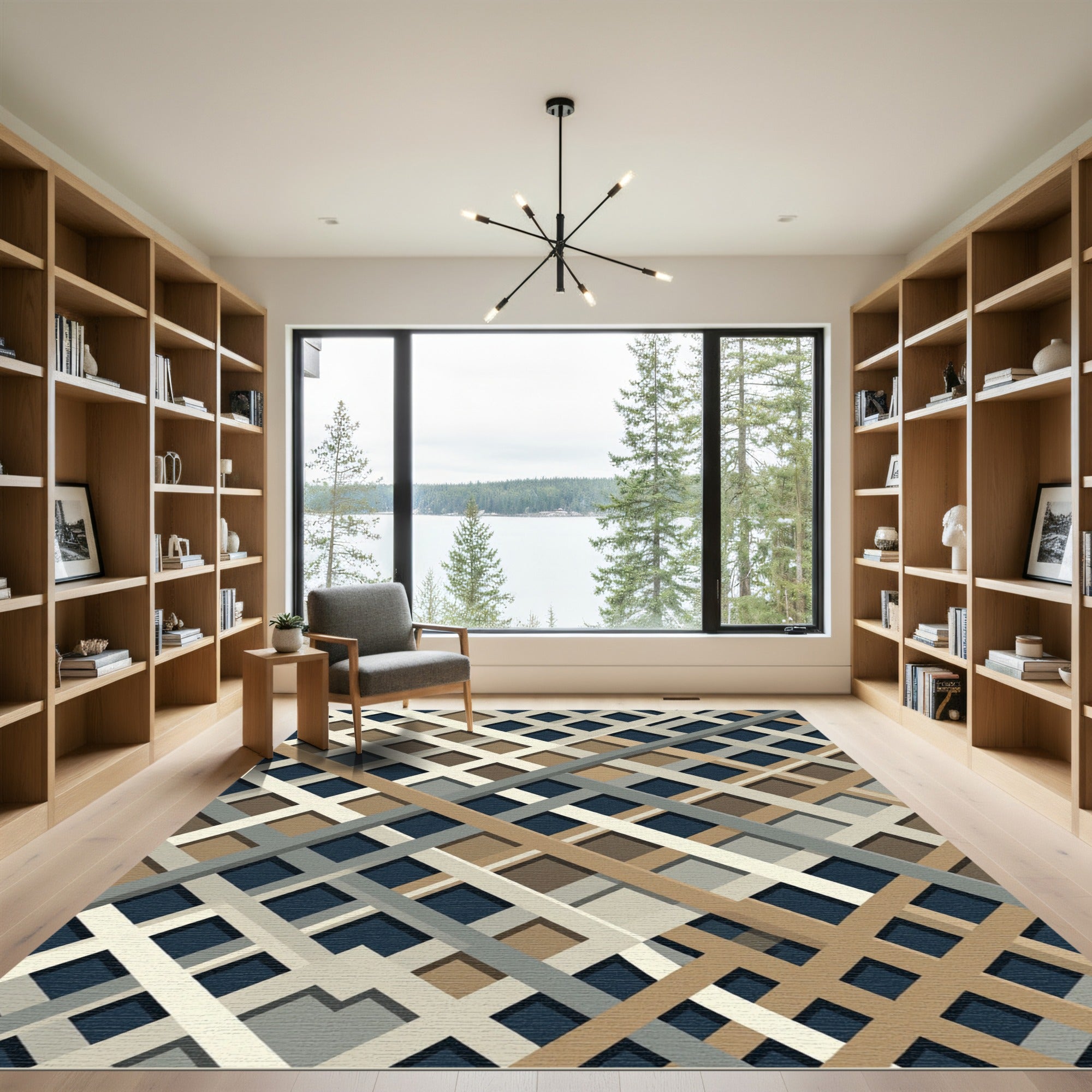 Modern Neutral Grid Intersecting Stripe Rug