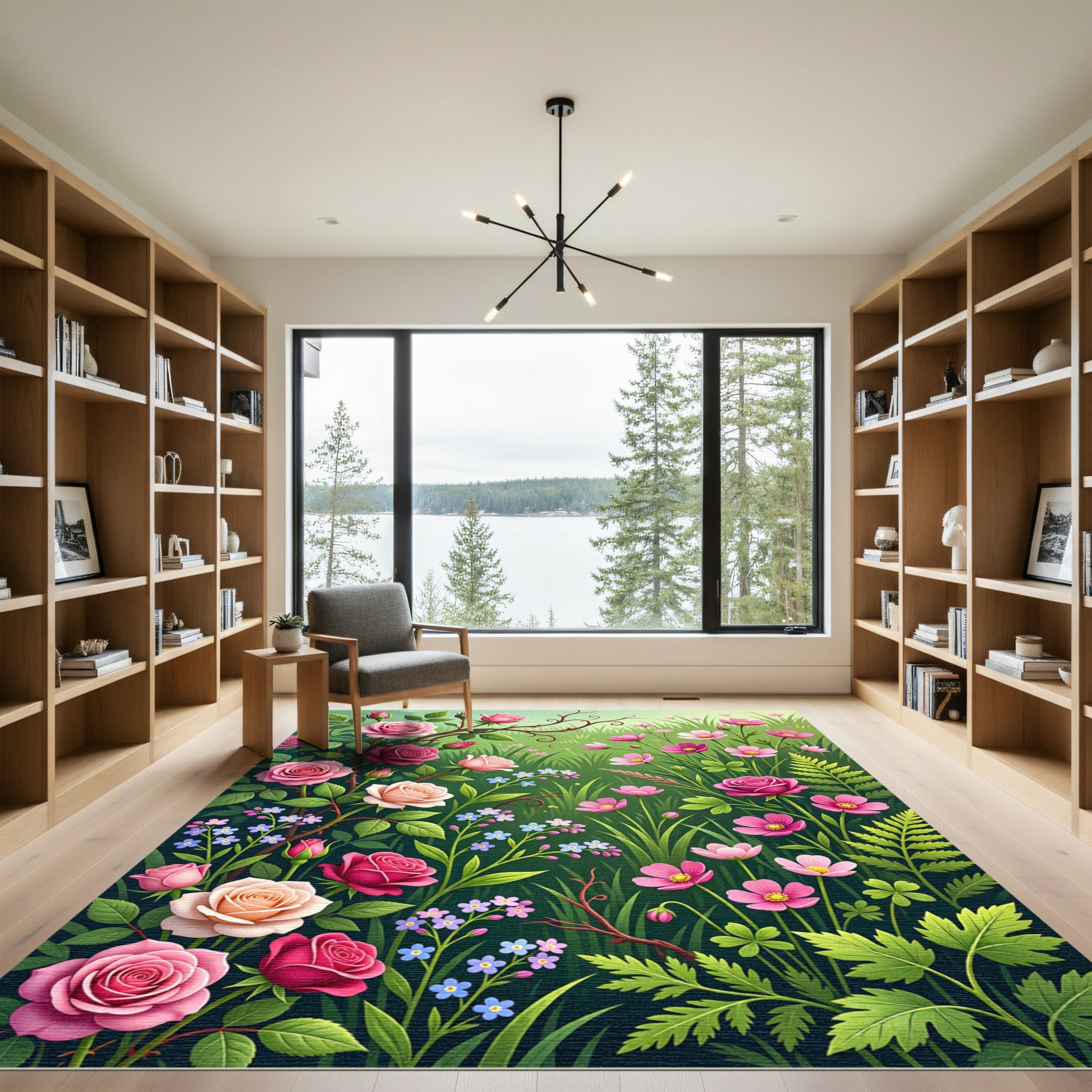 Enchanted Pink Rose and Wildflower Meadow Rug