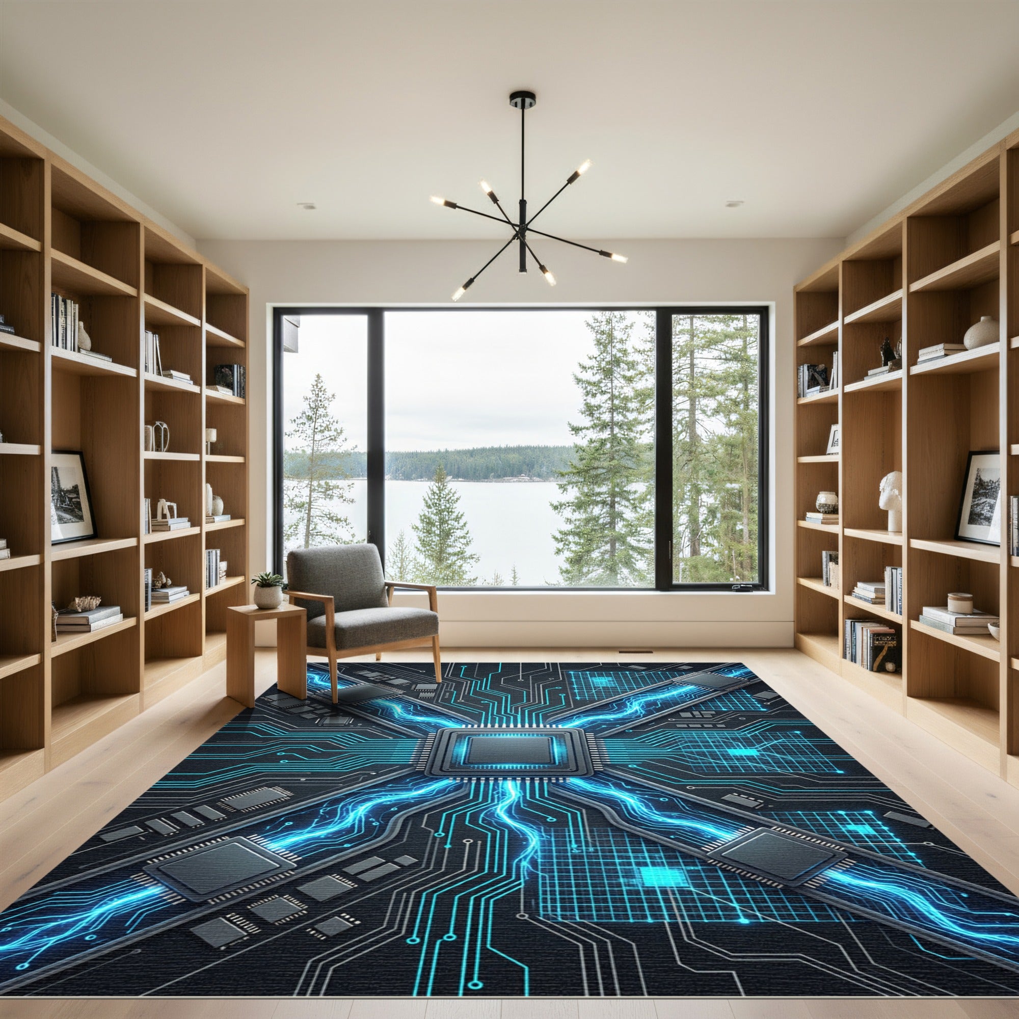 Glowing Cybernetic Circuitry Electric Blue Grid Rug
