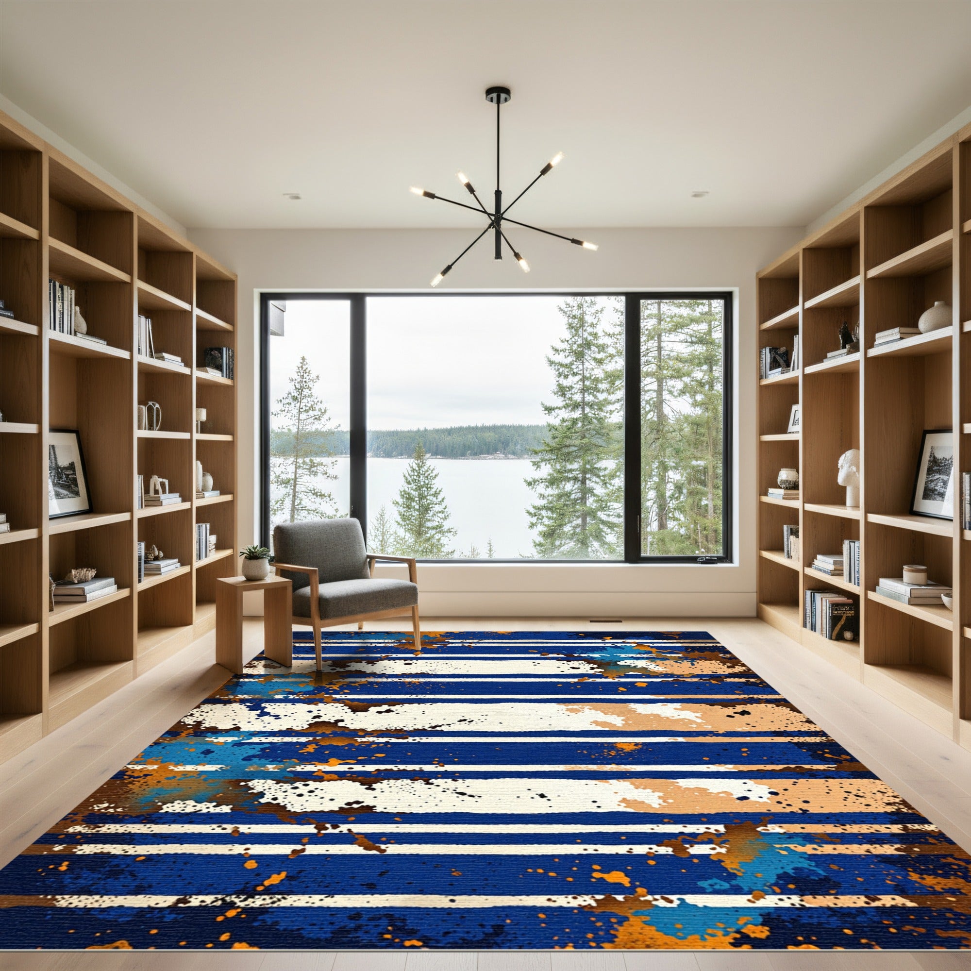 Bold Blue Orange Splattered Stripes Rug