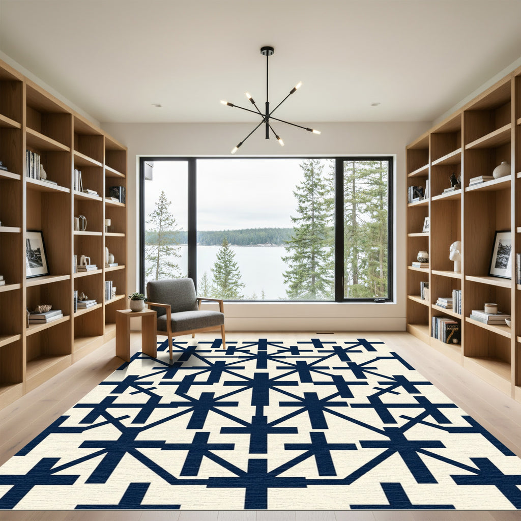 Navy Geometric Cross Grid Rug