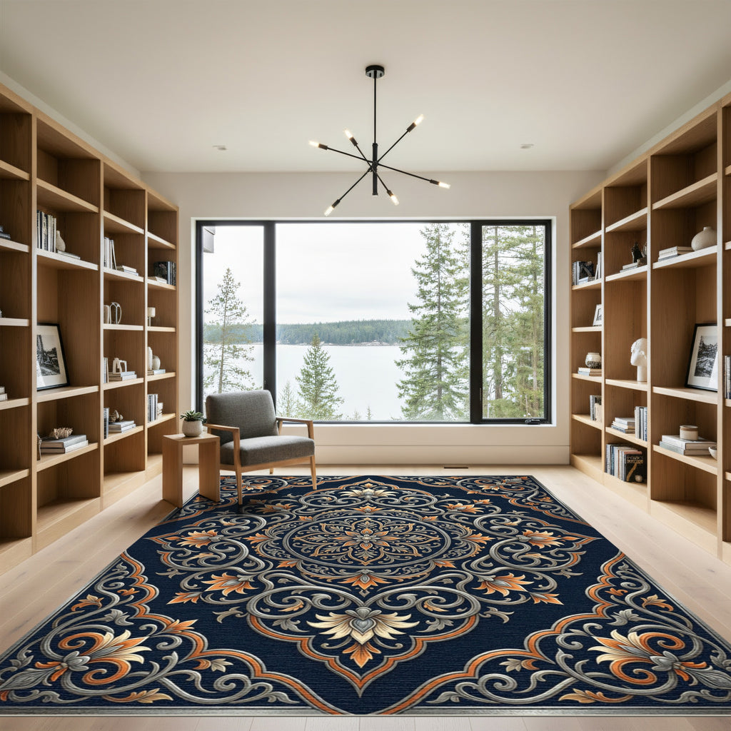 Elegant Navy Gold Floral Scroll Medallion Rug