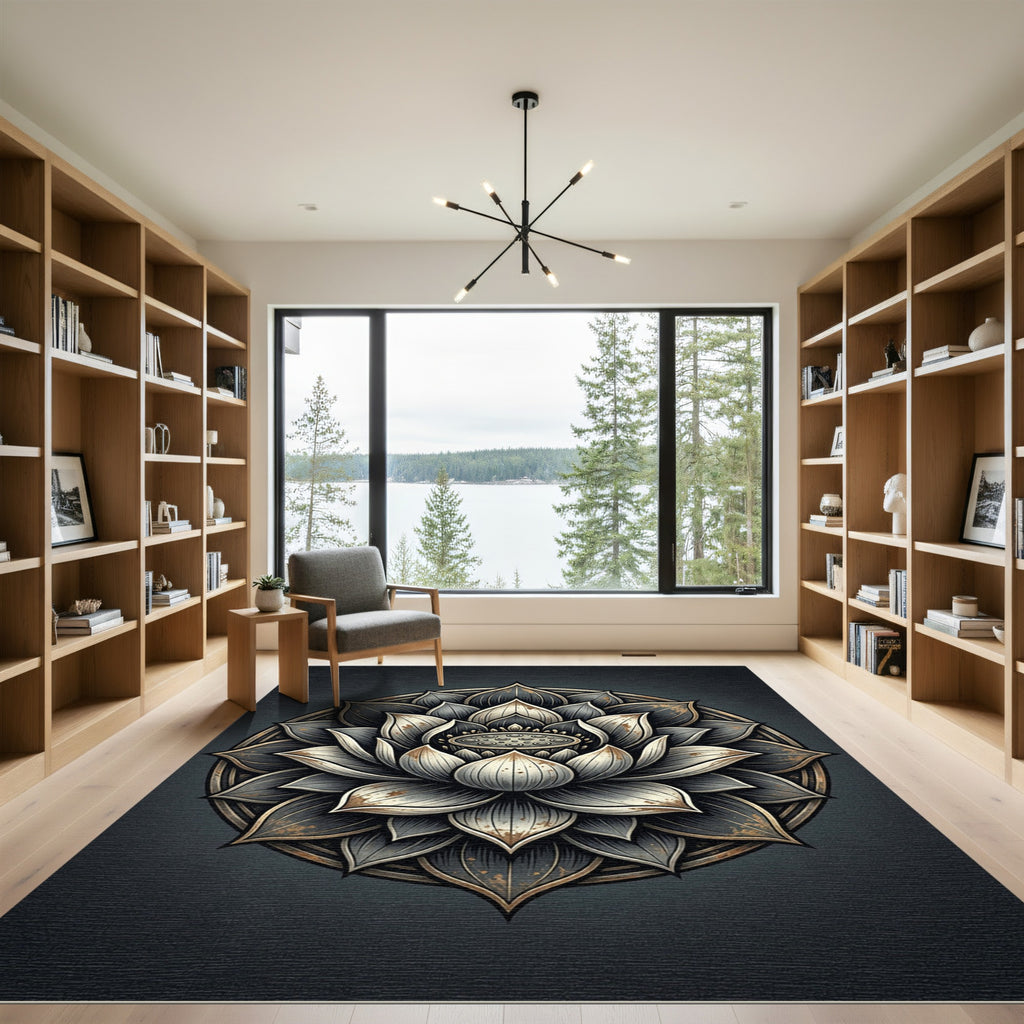 Gold and Charcoal Zen Lotus Mandala Rug