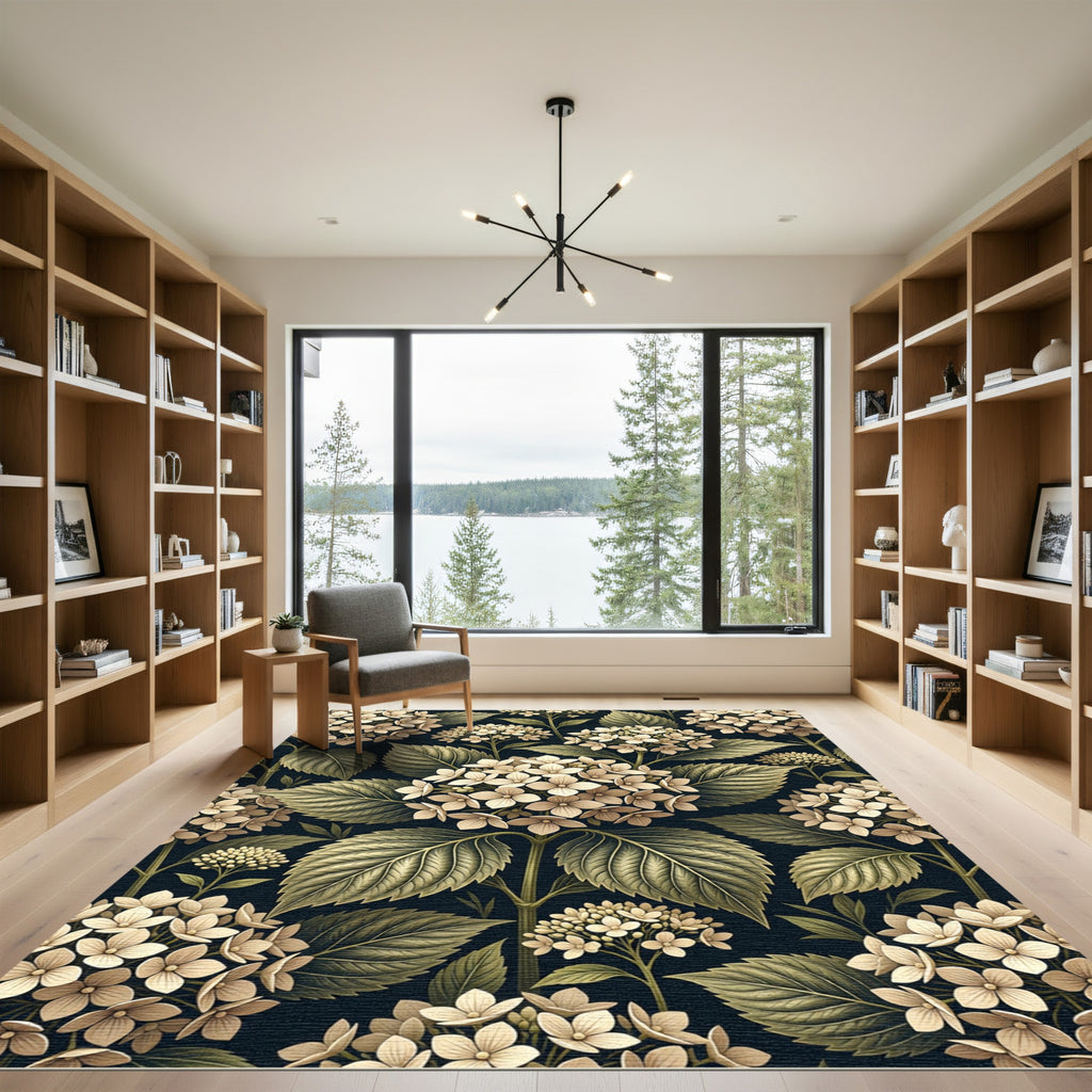 Elegant Neutral Hydrangea Botanical Illustration Rug