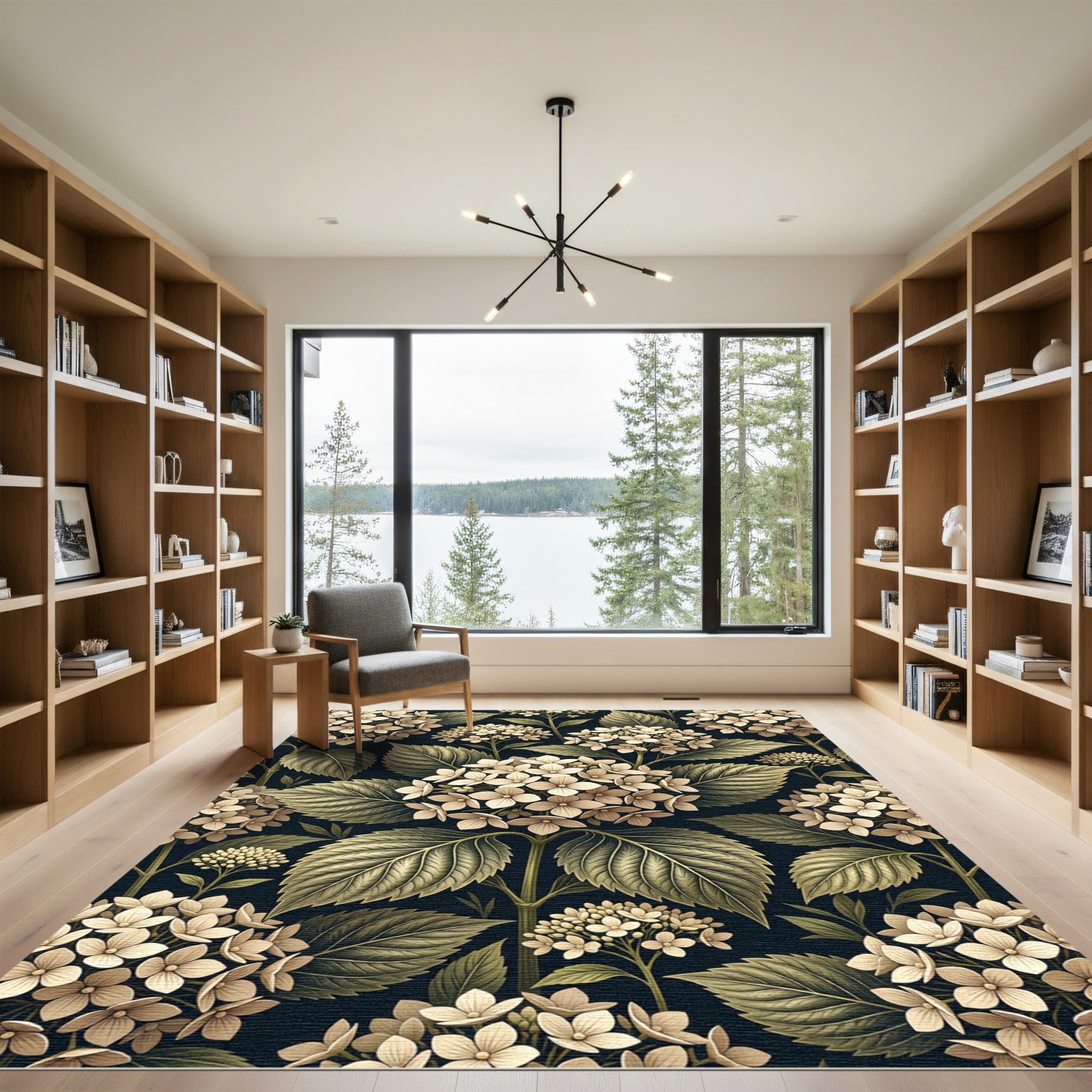 Elegant Neutral Hydrangea Botanical Illustration Rug