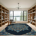 Ornate Blue and Gold Floral Mandala Rug