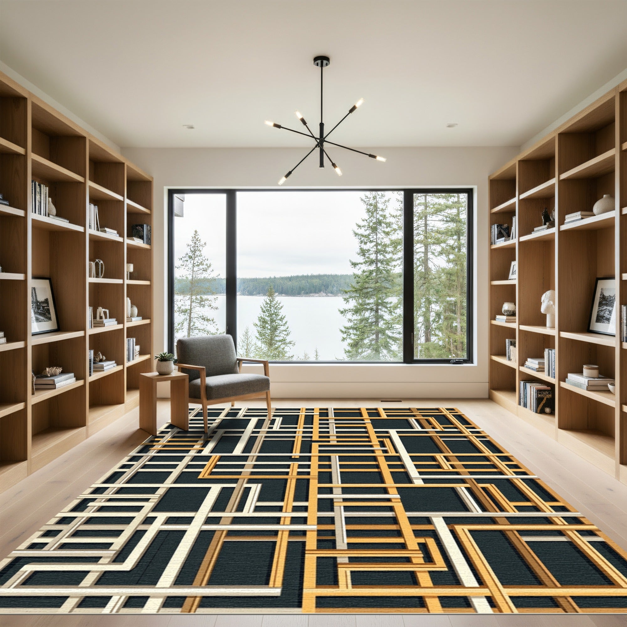 Modern Beige and Ochre Geometric Grid Rug