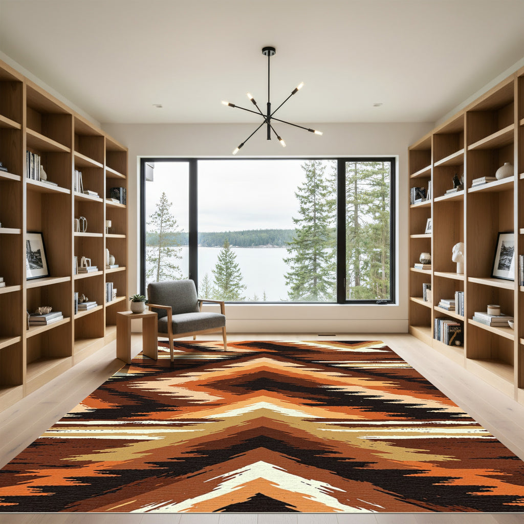 Earthy Brown Geometric Chevron Abstract Rug
