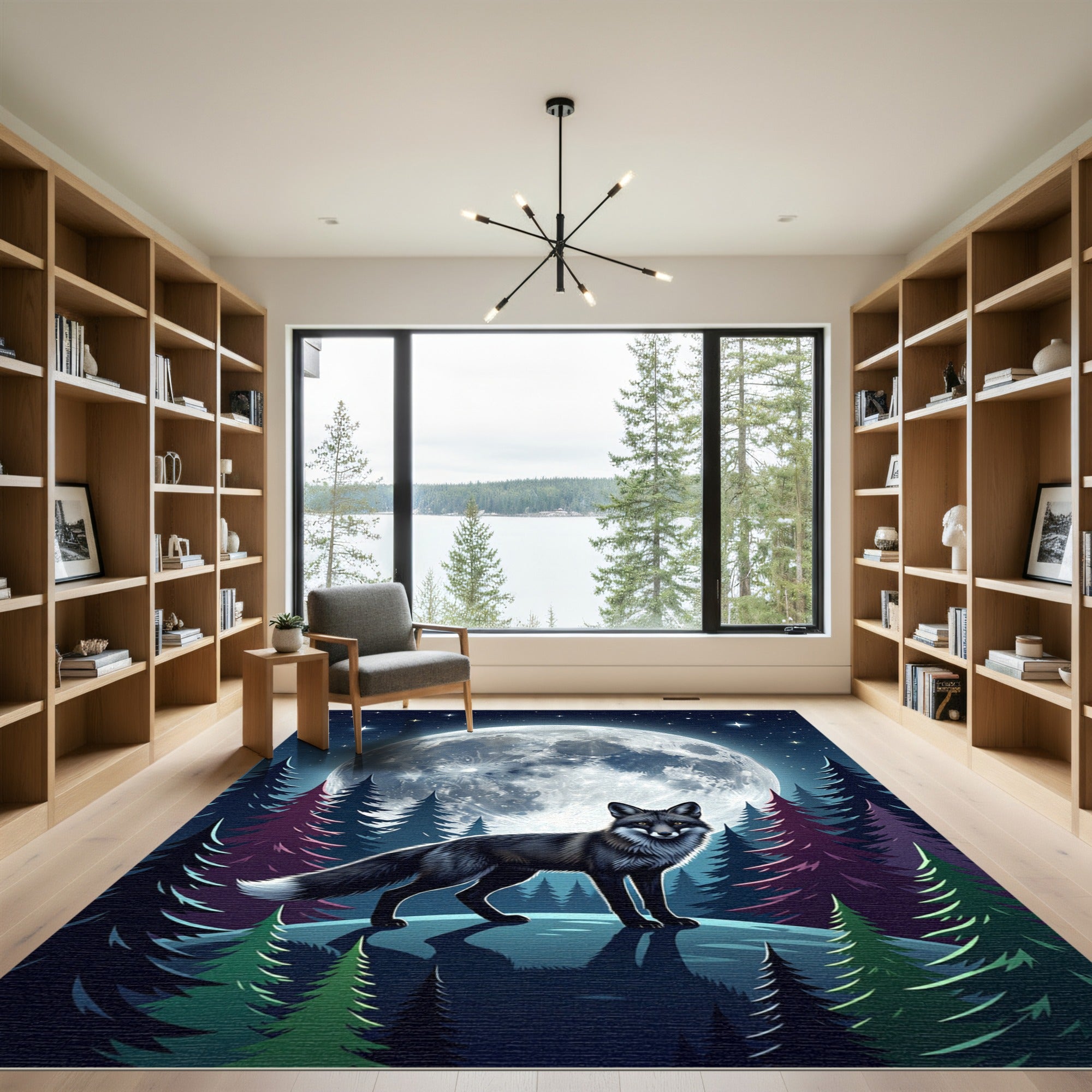 Black Fox Under Luminescent Full Moon Rug