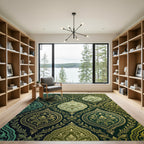 Emerald Golden Damask Floral Scroll Rug