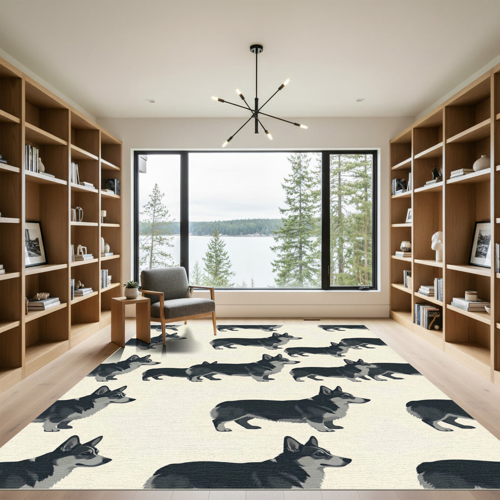 Charming Black and White Corgi Illustration Rug