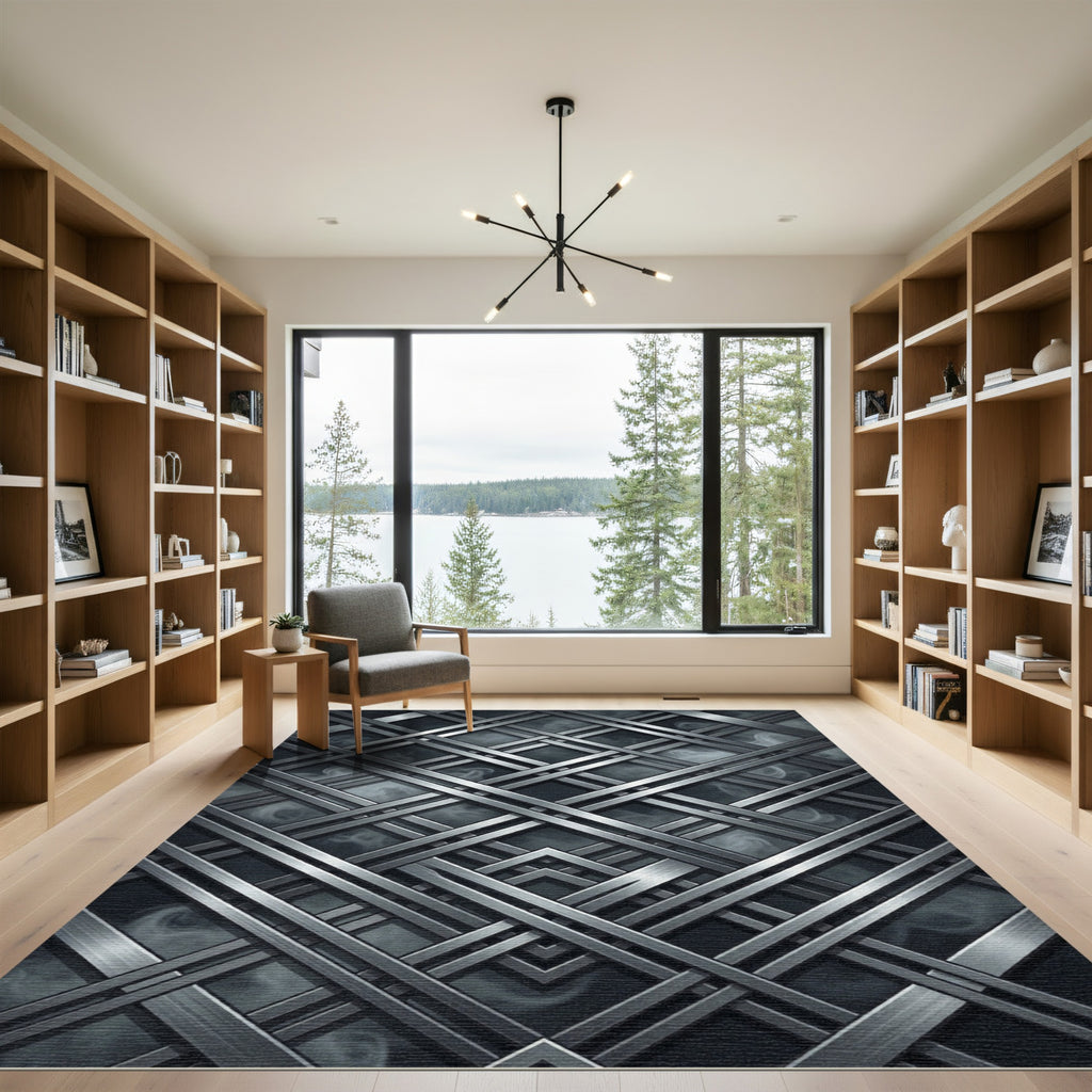 Metallic Silver Intersecting Linear Grid Rug