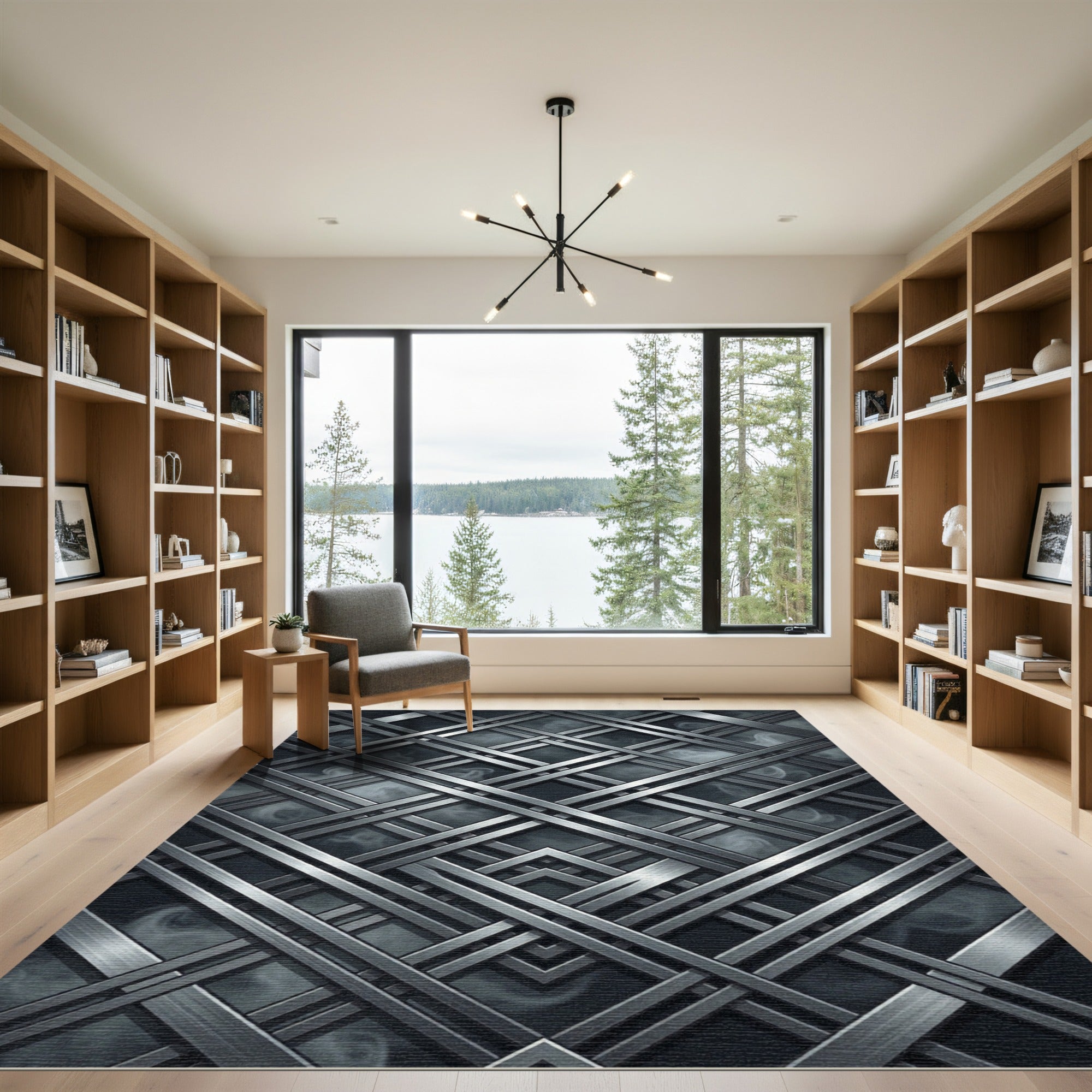 Metallic Silver Intersecting Linear Grid Rug