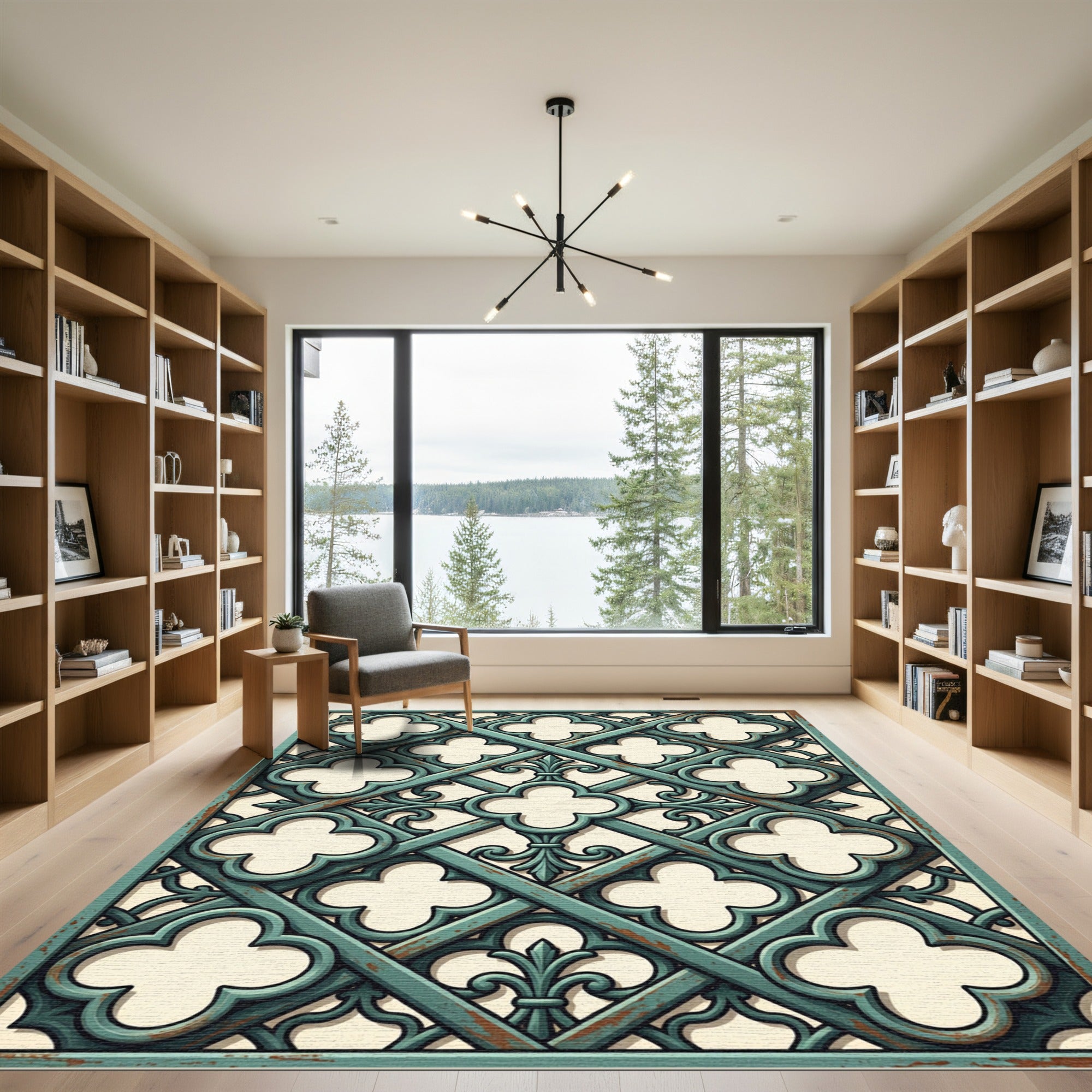 Distressed Teal Gothic Trellis Lattice Rug