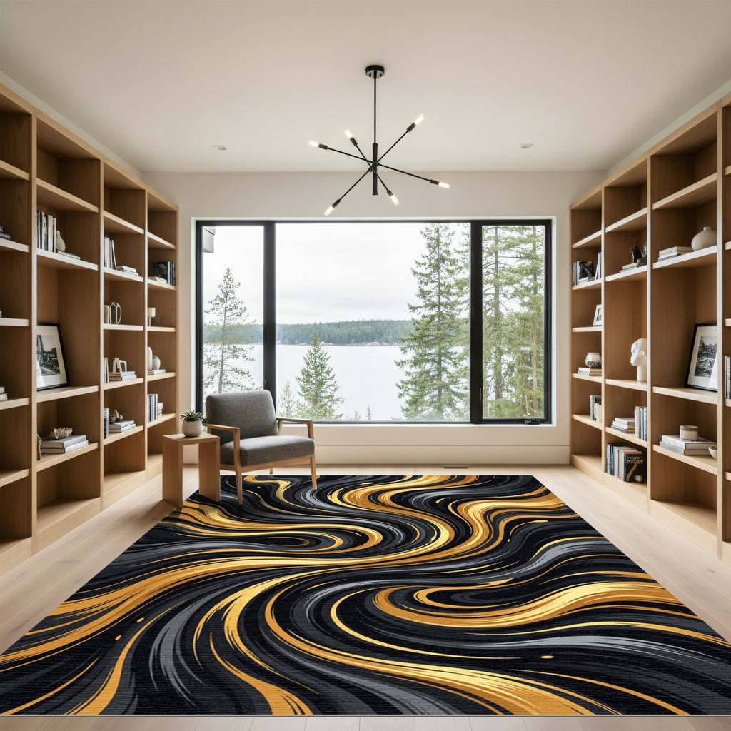 Abstract Liquid Gold and Black Swirl Rug