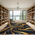 Abstract Liquid Gold and Black Swirl Rug