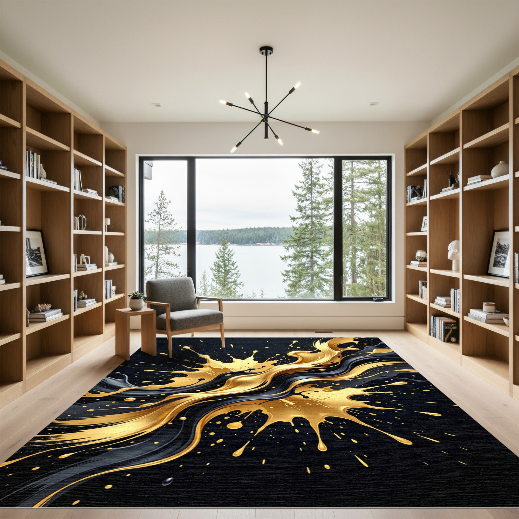 Liquid Gold and Black Abstract Swirl Rug