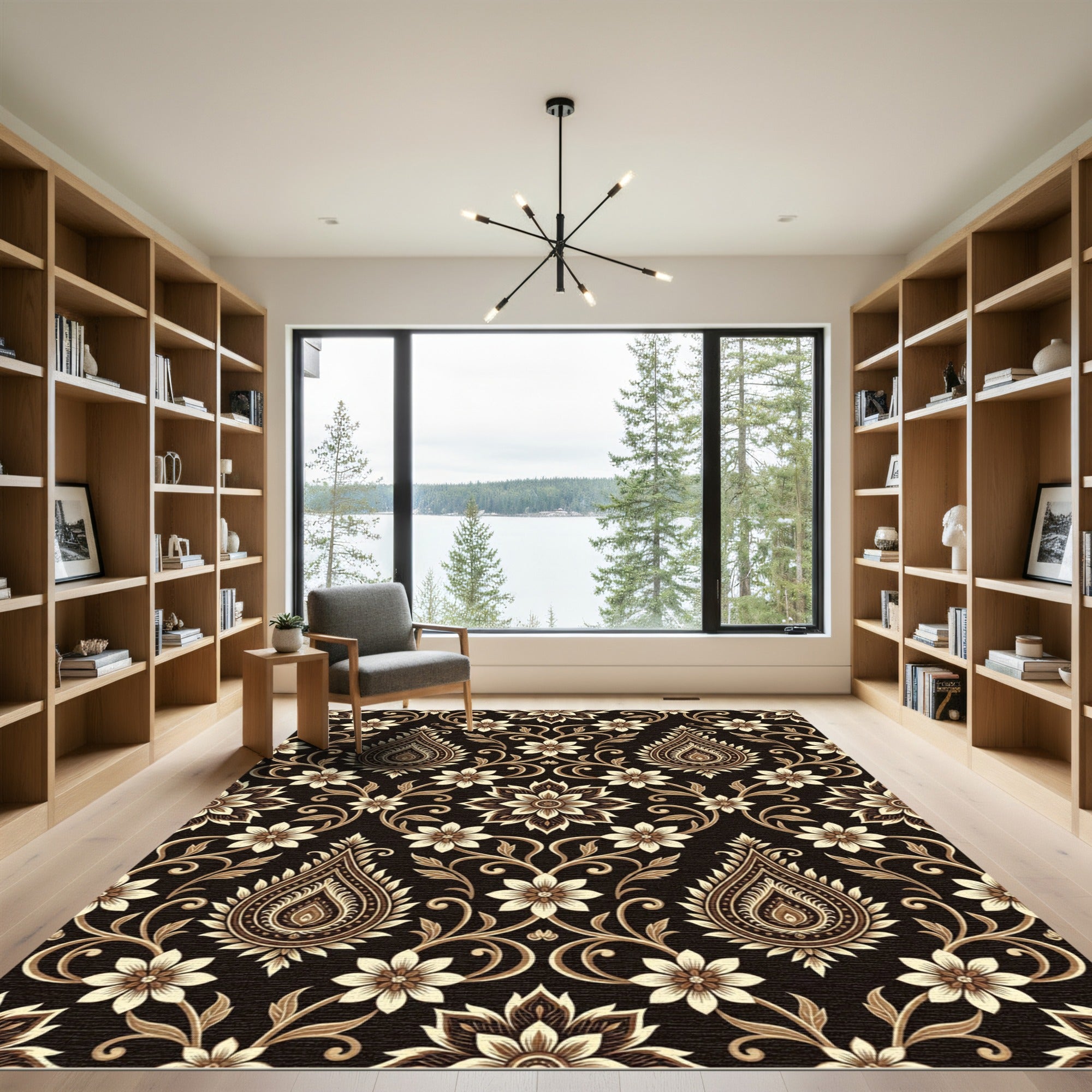 Elegant Black Gold Floral Paisley Rug