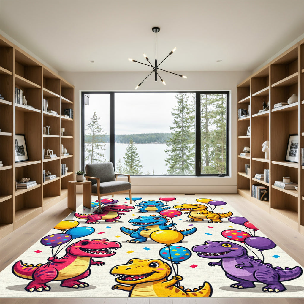 Colorful Cartoon Dinosaur Celebration Party Rug