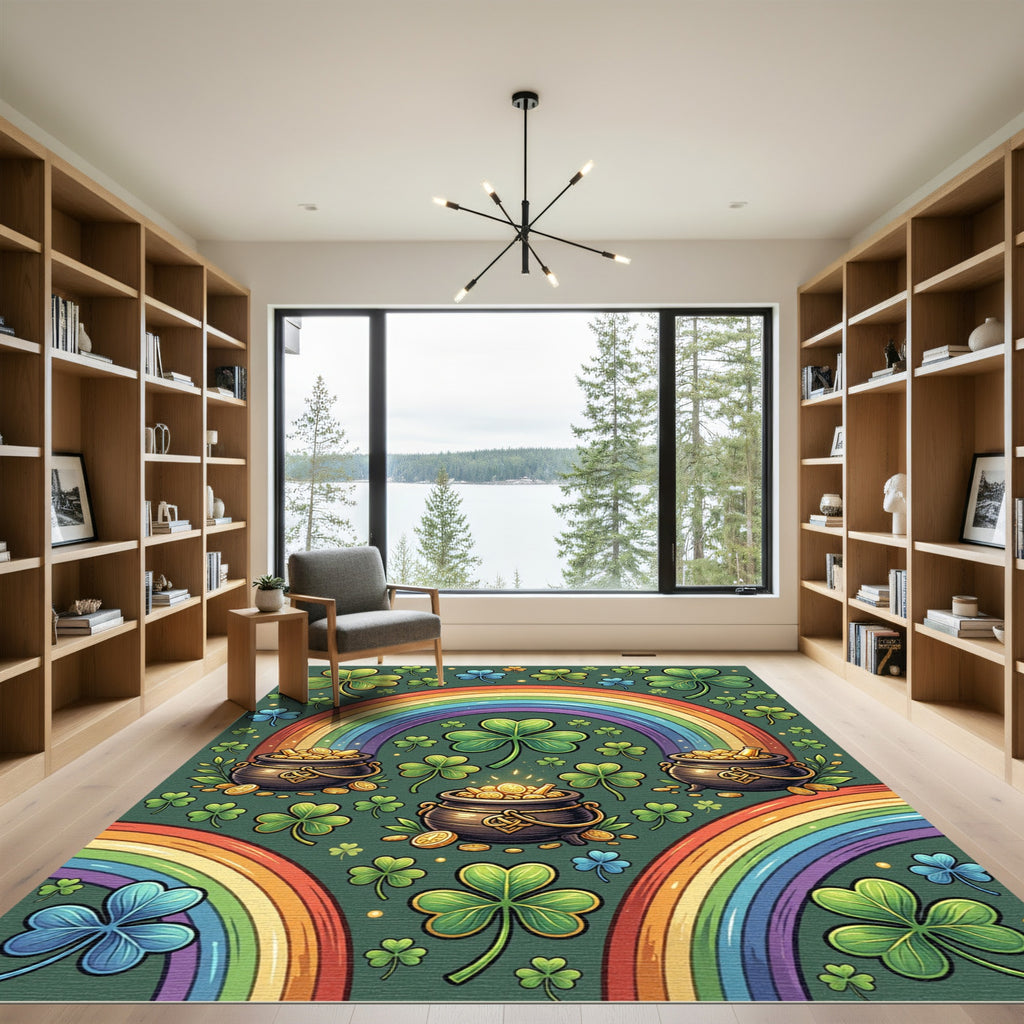 Lucky Shamrock Rainbow Gold Pot Illustration Rug
