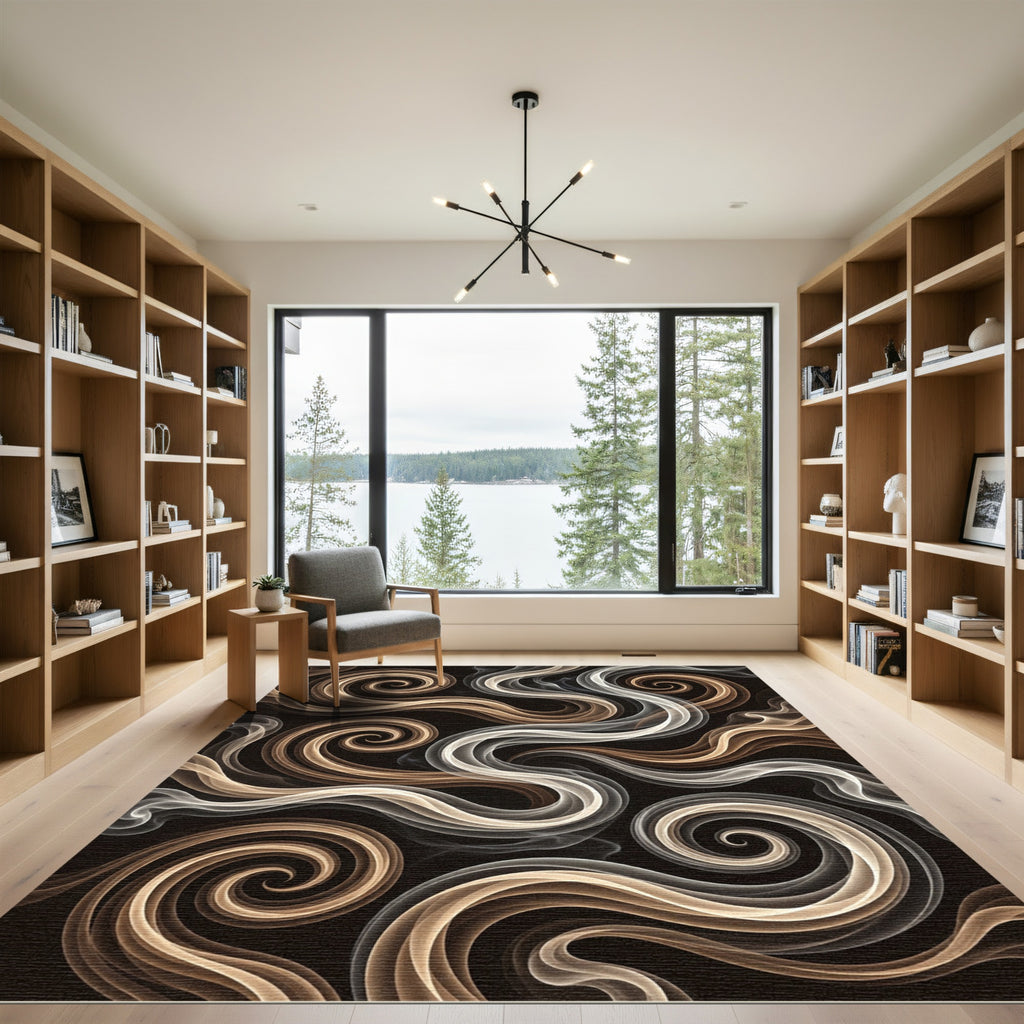 Brown White Swirling Smoke Tendrils Rug