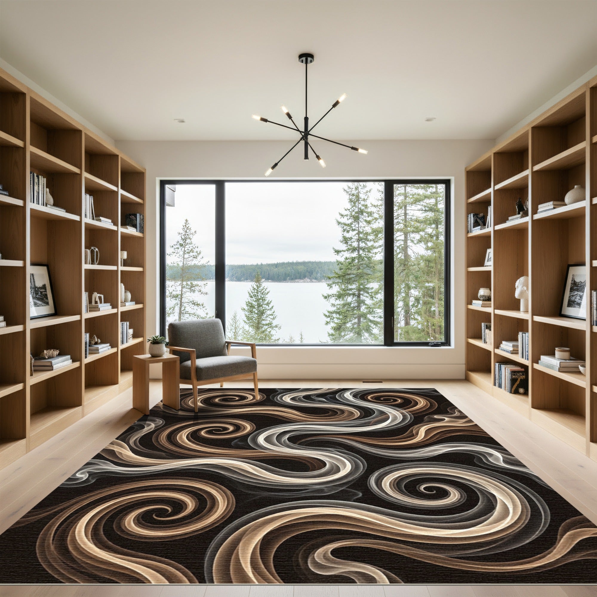 Brown White Swirling Smoke Tendrils Rug
