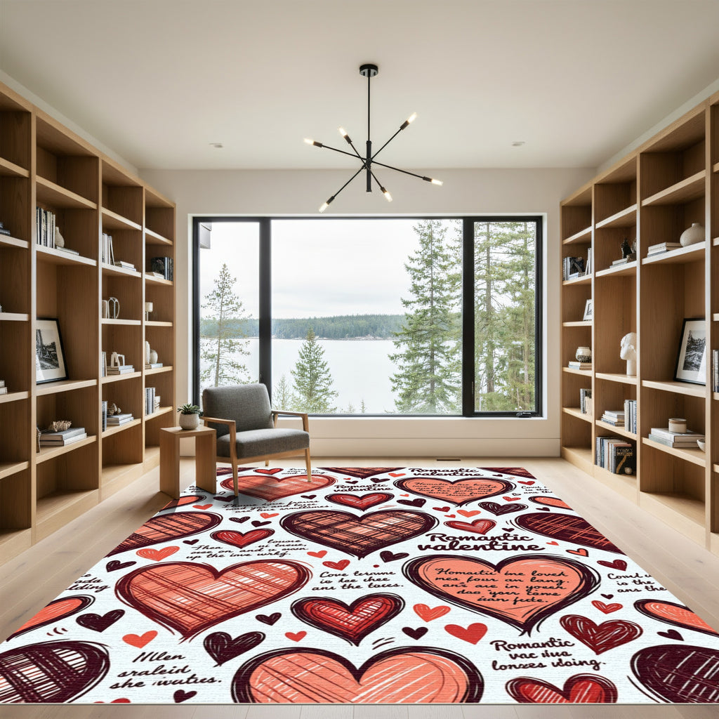 Red Scribbled Heart Valentine Pattern Rug