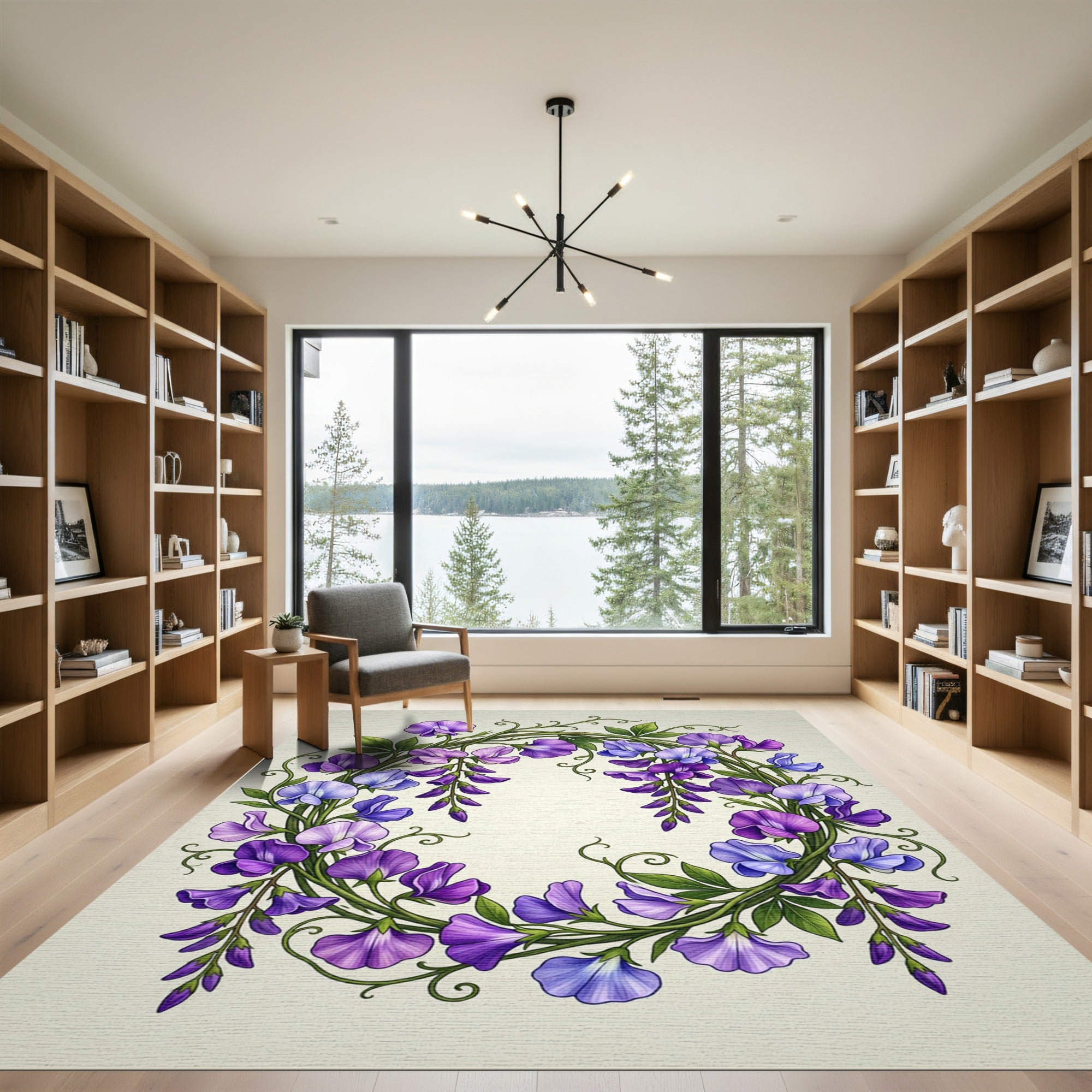 Elegant Purple Sweet Pea Floral Wreath Rug