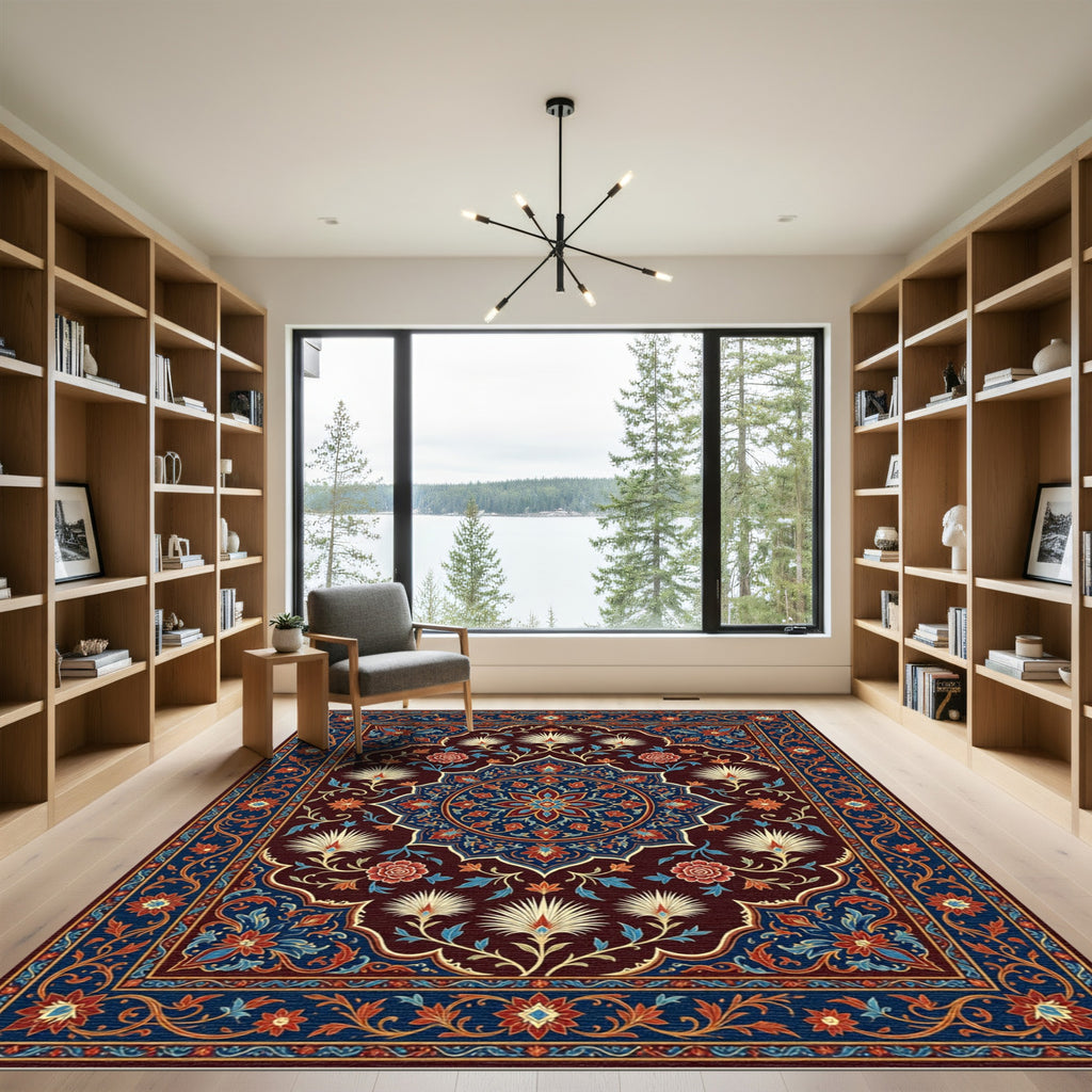 Ornate Red Blue Floral Medallion Rug