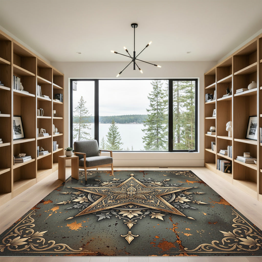 Ornate Golden Five Point Star Rug