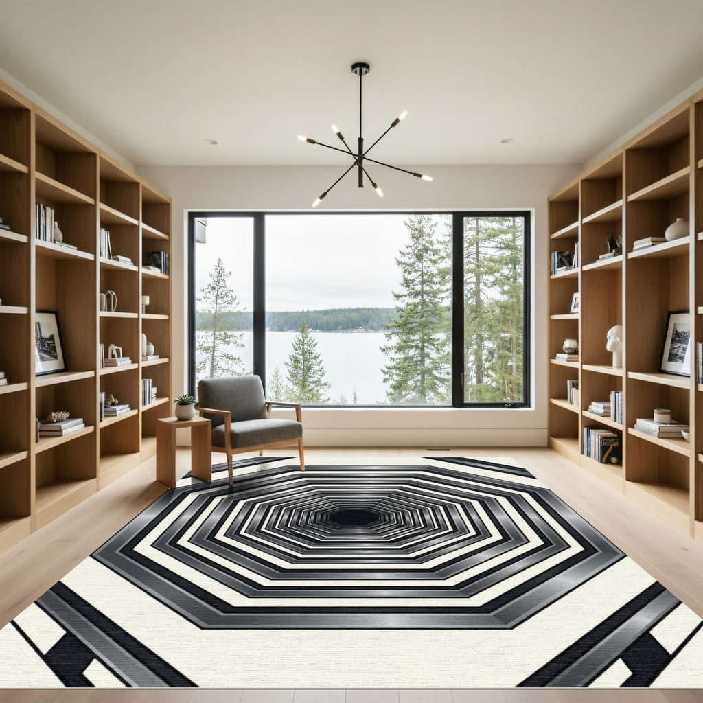 Monochrome Metallic Octagonal Tunnel Depth Rug