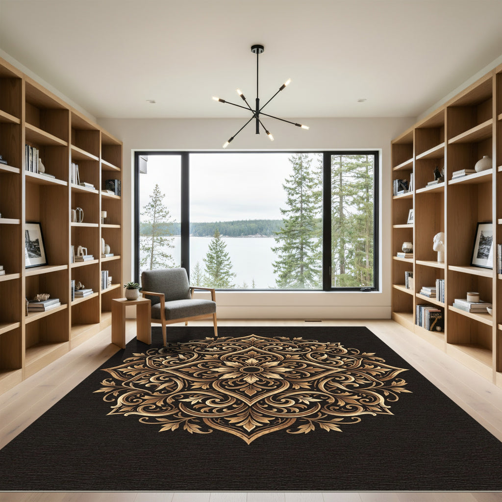 Elegant Gold Floral Mandala Scroll Rug