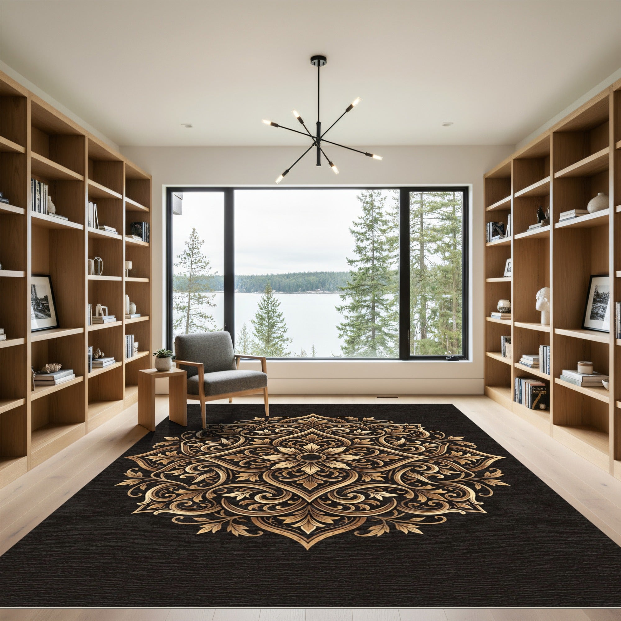 Elegant Gold Floral Mandala Scroll Rug