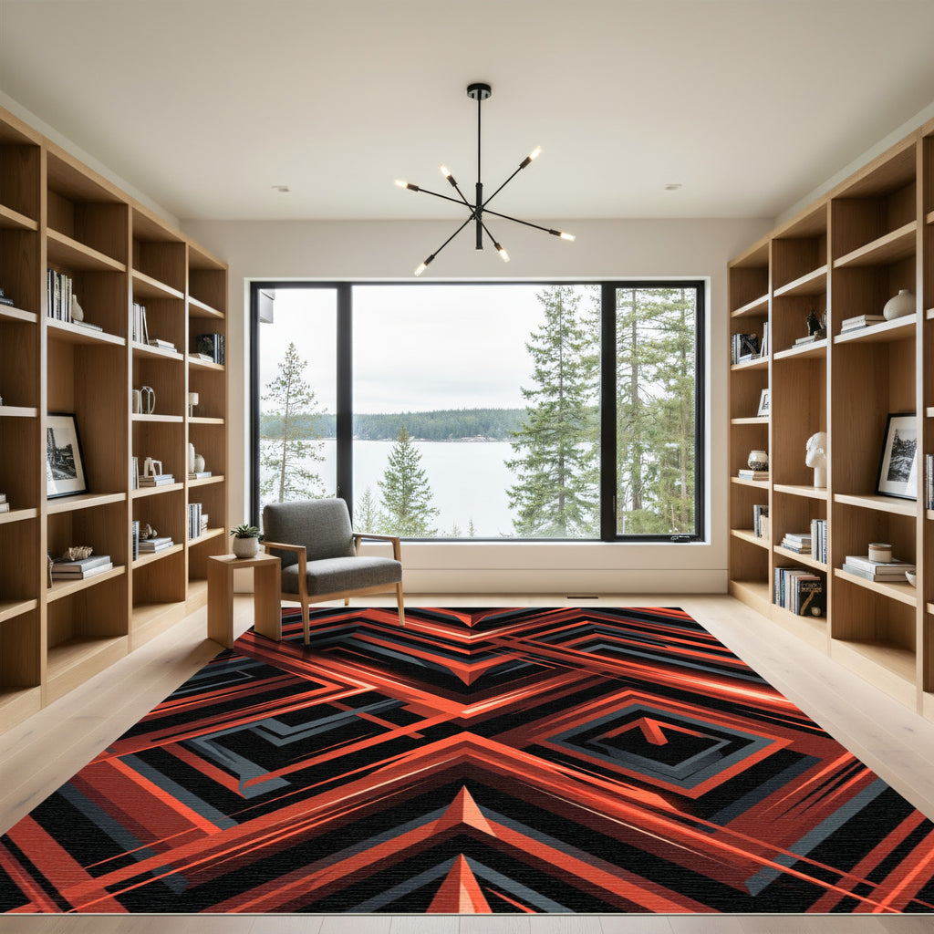 Bold Geometric Orange and Charcoal Intersecting Lines Rug