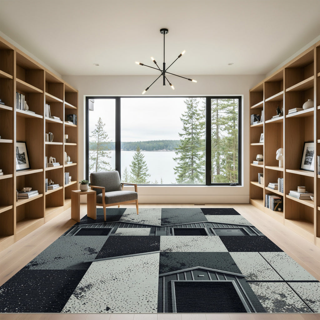 Monochromatic Industrial Warehouse Geometric Grid Rug