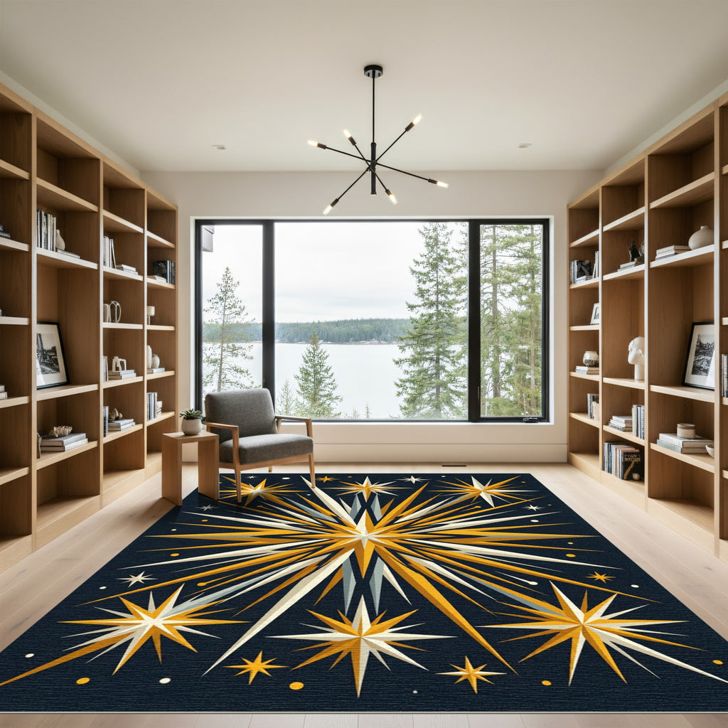 Golden Starburst Bursting Night Sky Rug