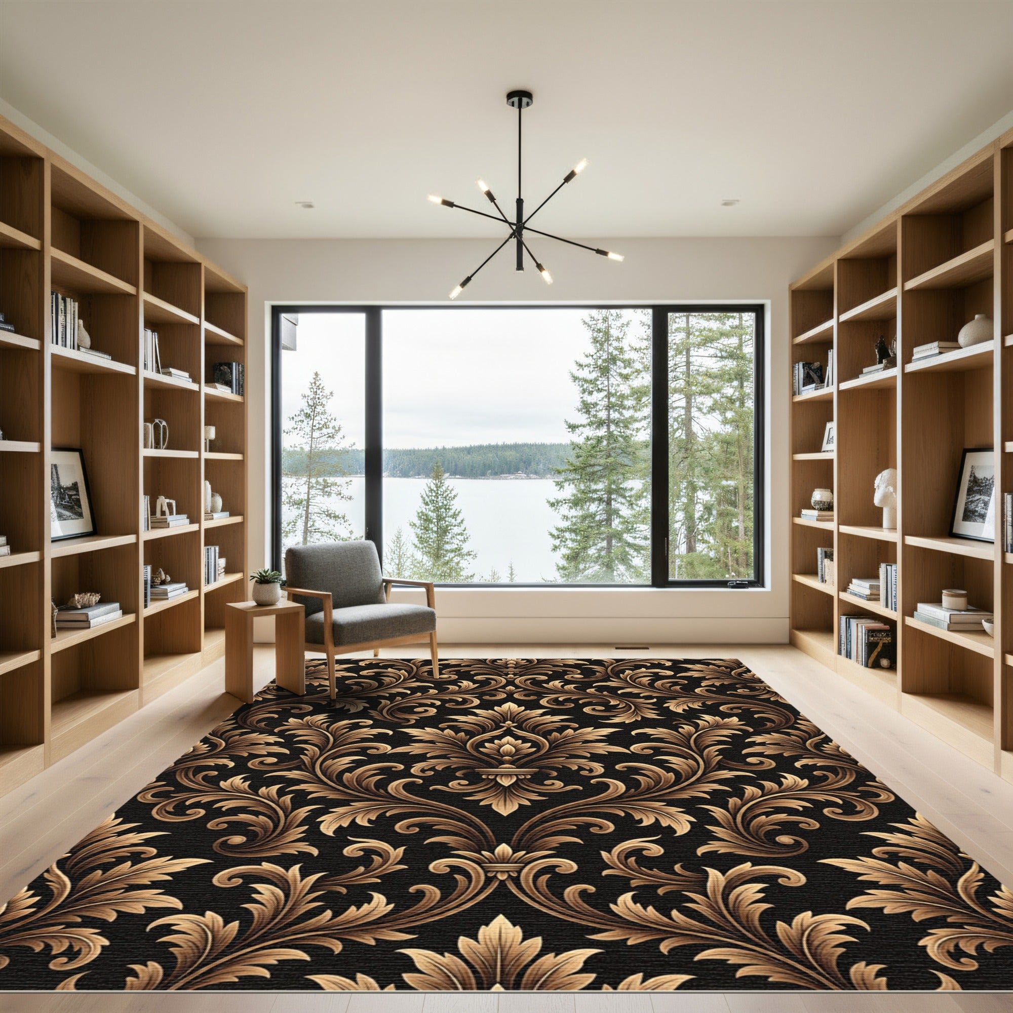 Elegant Gold Damask Black Scrollwork Rug